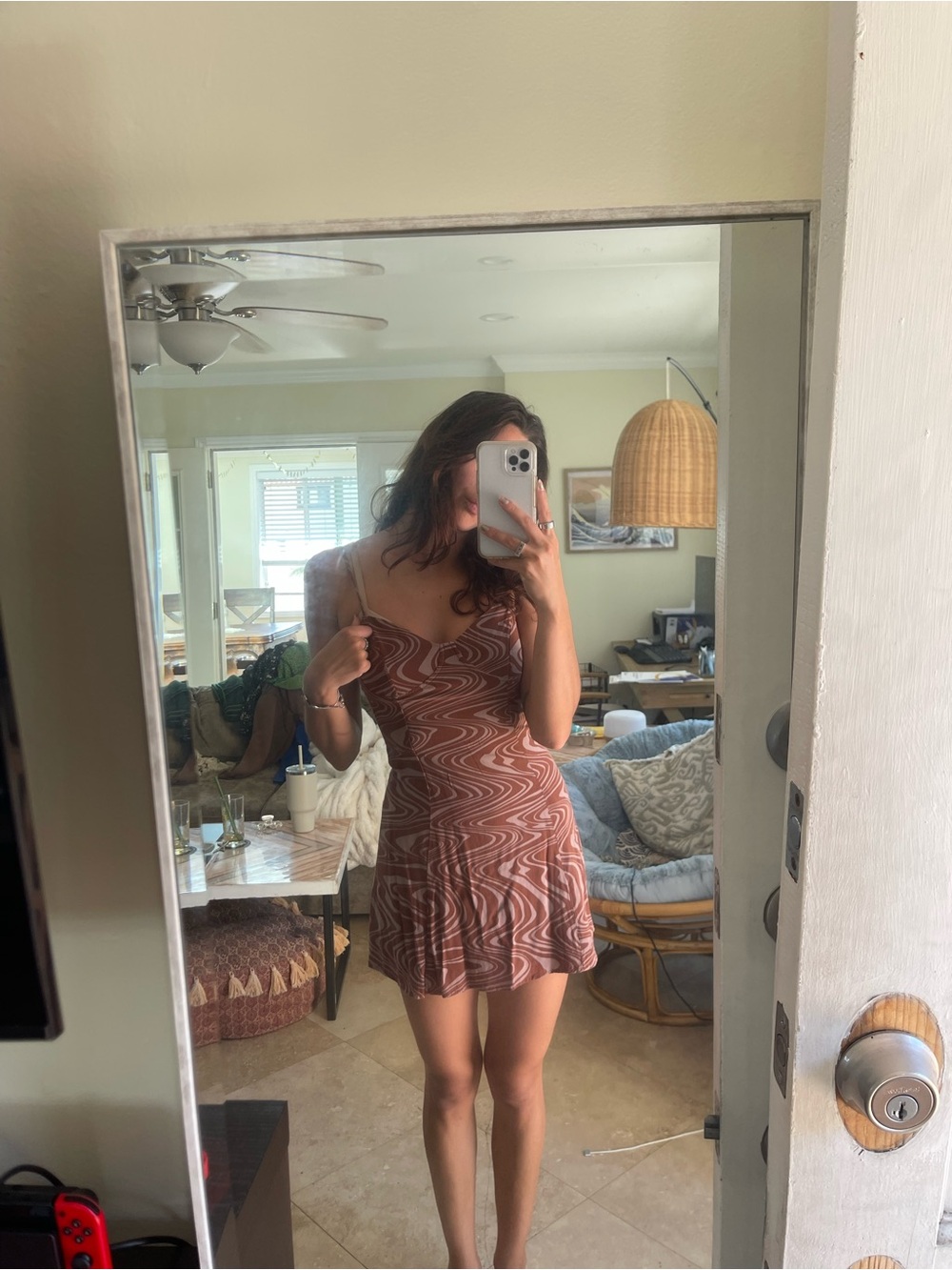 La Hearts Brown Swirl Spaghetti Strap Mini Dress